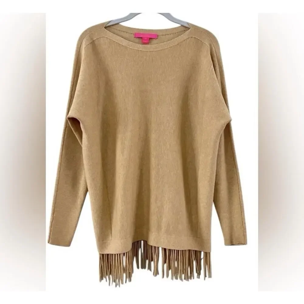 Lilly Pulitzer Glenda Coolmax Fringe Sweater Womens Small Tan Sand Bar Pullover